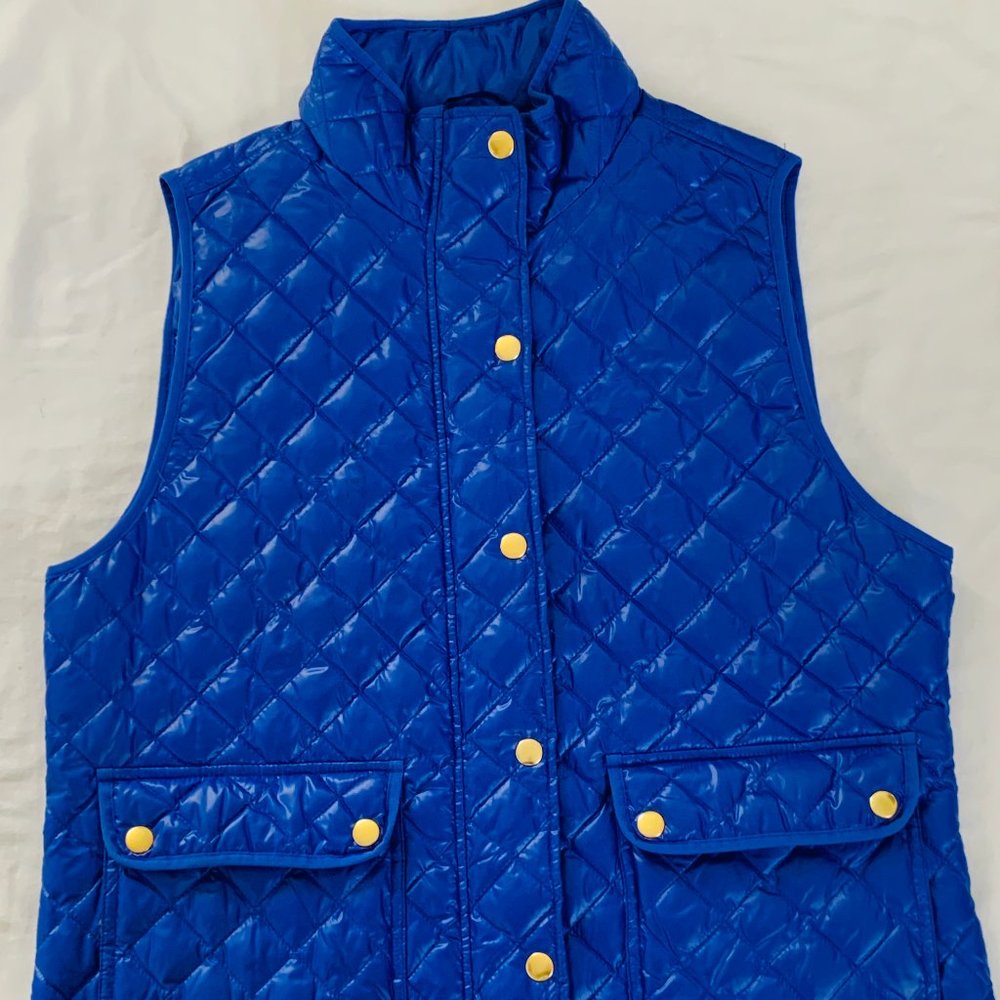 J Crew Blue Puffer Vest with Gold Detail